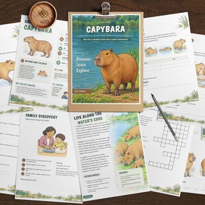 May include: A collection of educational activity sheets featuring capybara illustrations and text. The central page is clipped to a wooden board, titled Capybara, Discover Learn Explore. Includes word puzzles, reading sections, and diagrams.
