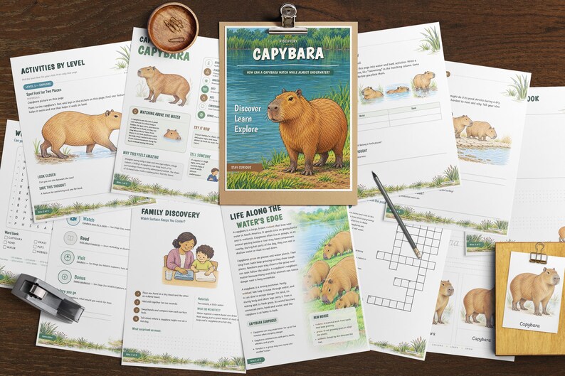 May include: A collection of educational activity sheets featuring capybara illustrations and text. The central page is clipped to a wooden board, titled Capybara, Discover Learn Explore. Includes word puzzles, reading sections, and diagrams.