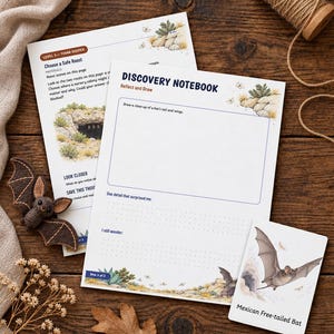 May include: Two white Discovery Notebook pages with blue text and bat illustrations, a small felt bat figurine, and a rectangular card featuring a Mexican Free-tailed Bat. The pages include prompts for drawing and writing about bat habitats.