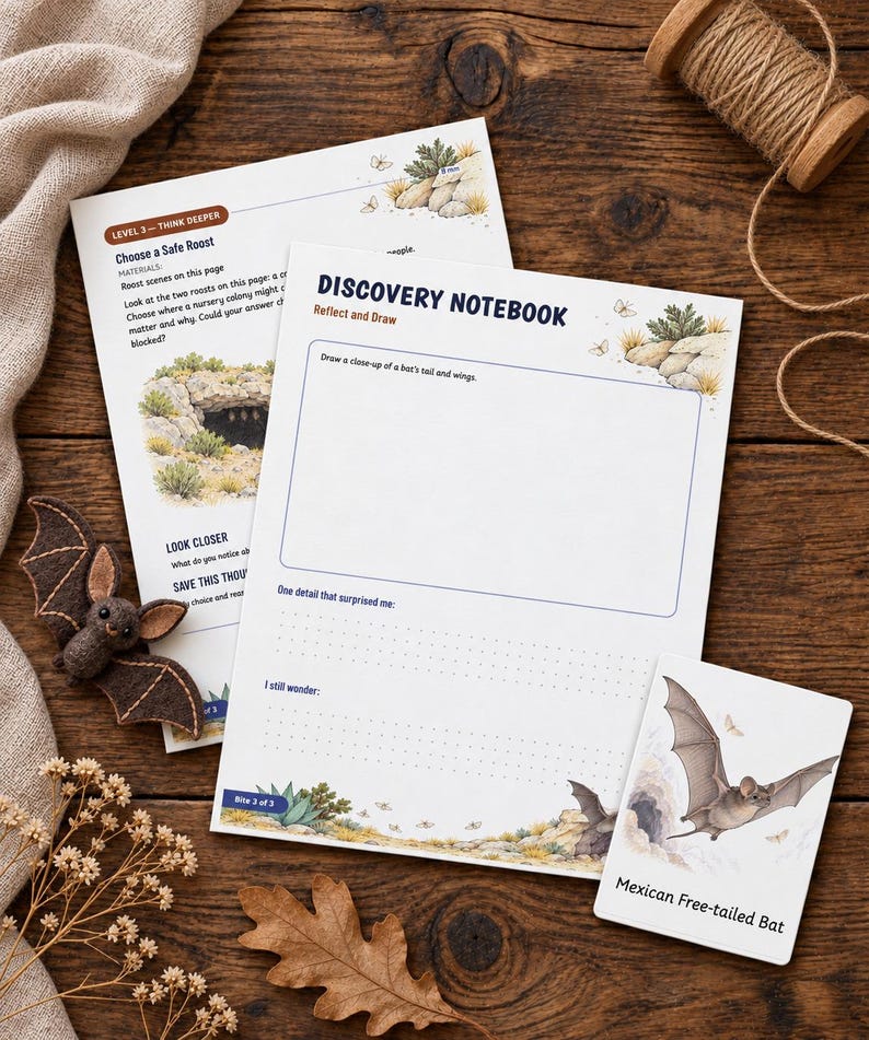 May include: Two white Discovery Notebook pages with blue text and bat illustrations, a small felt bat figurine, and a rectangular card featuring a Mexican Free-tailed Bat. The pages include prompts for drawing and writing about bat habitats.