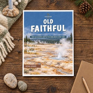 May include: A rectangular book titled Old Faithful with a blue sky background and a geyser erupting in a landscape. The cover features the text Discovery Bites, Does Old Faithful erupt at the same minute every time?, Discover, Learn, Explore, and Natural Wonders.