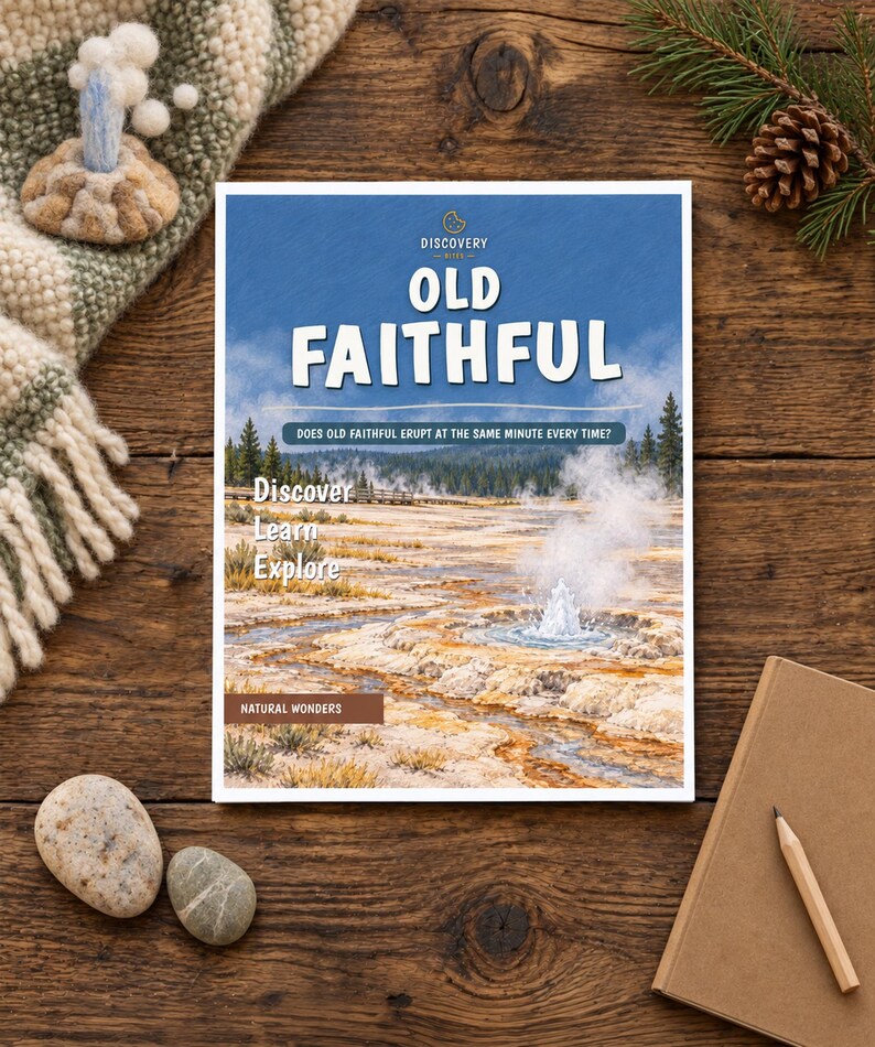 May include: A rectangular book titled Old Faithful with a blue sky background and a geyser erupting in a landscape. The cover features the text Discovery Bites, Does Old Faithful erupt at the same minute every time?, Discover, Learn, Explore, and Natural Wonders.