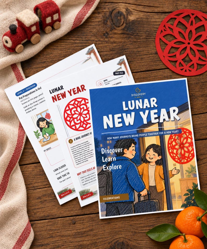 May include: A set of educational activity sheets titled Lunar New Year featuring illustrations of people, red paper-cut decorations, and text. The sheets are displayed alongside a felt train toy and two fresh oranges on a wooden surface.