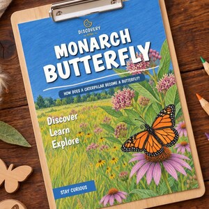 May include: A wooden clipboard holding a print titled MONARCH BUTTERFLY with the subtitle HOW DOES A CATERPILLAR BECOME A BUTTERFLY? The print features a monarch butterfly on a purple flower in a field with the text Discover Learn Explore and STAY CURIOUS.