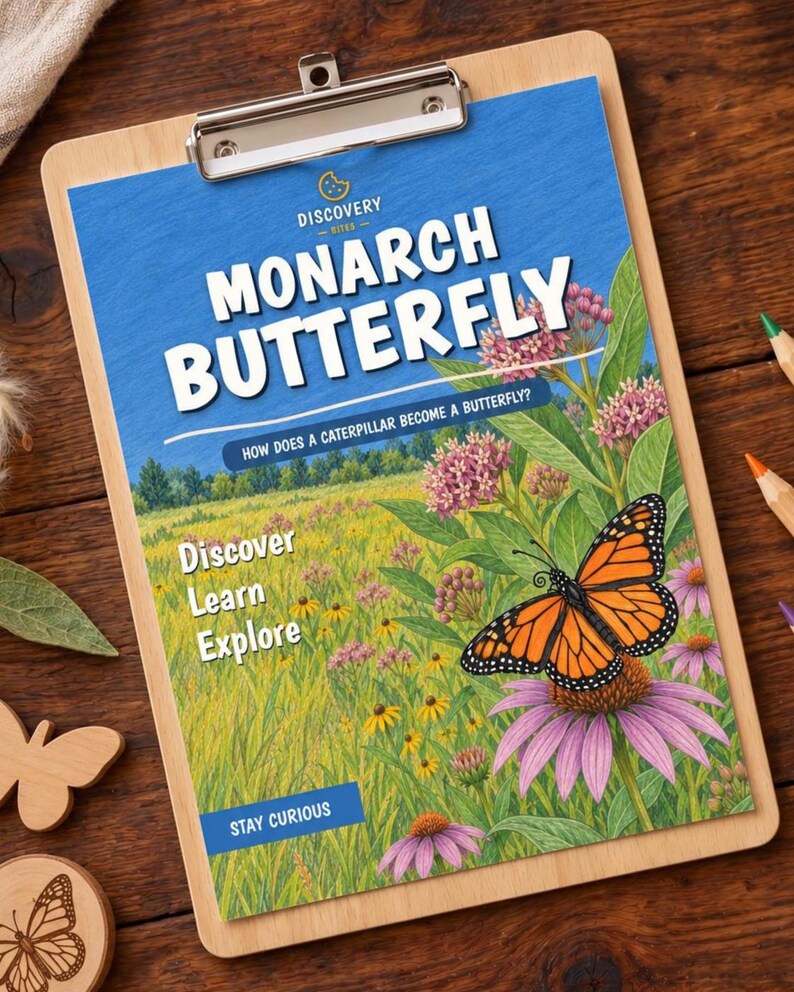 May include: A wooden clipboard holding a print titled MONARCH BUTTERFLY with the subtitle HOW DOES A CATERPILLAR BECOME A BUTTERFLY? The print features a monarch butterfly on a purple flower in a field with the text Discover Learn Explore and STAY CURIOUS.