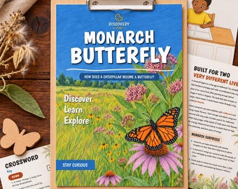 Puede incluir: Una hoja de actividades educativas sobre la mariposa monarca en un portapapeles de madera. La portada muestra una ilustración de un prado con una mariposa monarca, el texto Monarch Butterfly, Discover Learn Explore, Stay Curious y crucigramas.
