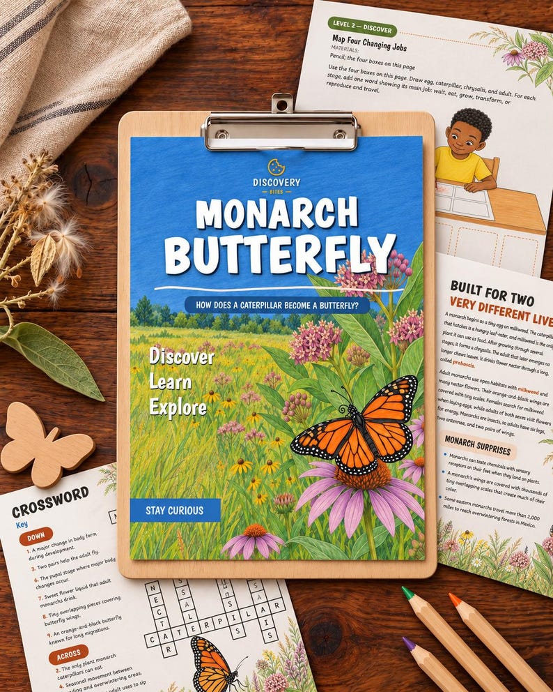 May include: A Monarch Butterfly educational activity sheet on a wooden clipboard. The cover features a vibrant meadow illustration with a monarch butterfly, the text Monarch Butterfly, Discover Learn Explore, and Stay Curious, plus crossword puzzles.