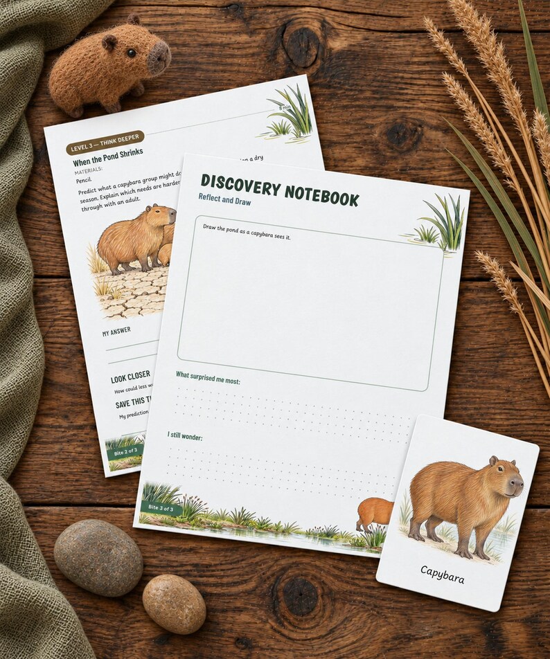 May include: A Discovery Notebook activity sheet featuring a capybara illustration, a blank drawing box, and prompts. Includes a small capybara card, a felt capybara figure, and two smooth stones. The text reads Discovery Notebook, Reflect and Draw, and Capybara.