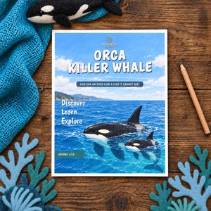 May include: A rectangular book titled ORCA KILLER WHALE with a cover illustration of two orcas in blue ocean water. The cover features the text Discover Learn Explore and How can an orca find a fish it cannot see? with a small Discovery logo.