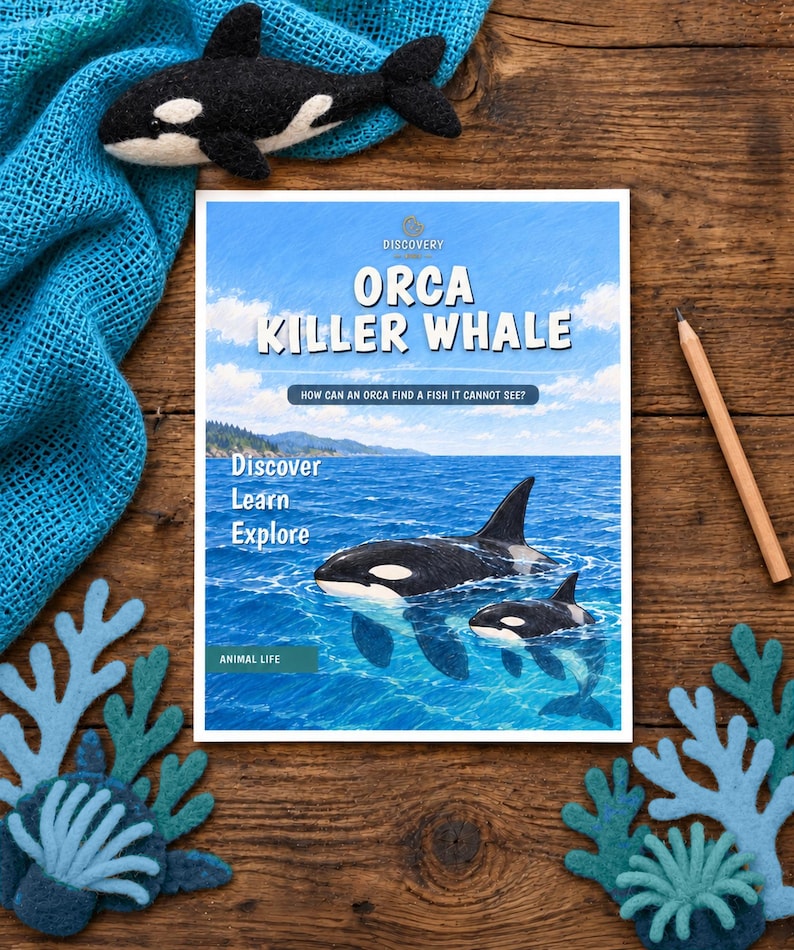 May include: A rectangular book titled ORCA KILLER WHALE with a cover illustration of two orcas in blue ocean water. The cover features the text Discover Learn Explore and How can an orca find a fish it cannot see? with a small Discovery logo.