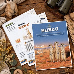 K&ouml;nnte beinhalten: Ein Set aus p&auml;dagogischen Arbeitsbl&auml;ttern mit dem Titel MEERKAT, die Illustrationen von Erdm&auml;nnchen in einem W&uuml;stenlebensraum zeigen, mit Texten wie Discover Learn Explore und How does a meerkat family know when danger is coming, gedruckt auf wei&szlig;em Papier.
