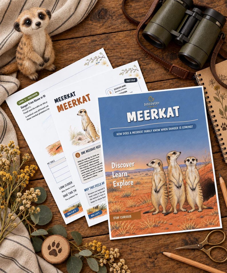 K&ouml;nnte beinhalten: Ein Set aus p&auml;dagogischen Arbeitsbl&auml;ttern mit dem Titel MEERKAT, die Illustrationen von Erdm&auml;nnchen in einem W&uuml;stenlebensraum zeigen, mit Texten wie Discover Learn Explore und How does a meerkat family know when danger is coming, gedruckt auf wei&szlig;em Papier.