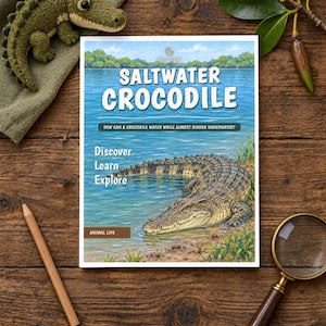 Puede incluir: Un libro titulado Saltwater Crocodile con una ilustración de un cocodrilo en el agua. La portada presenta el texto Discovery, Saltwater Crocodile, How can a crocodile watch while almost hidden underwater?, Discover Learn Explore y Animal Life.