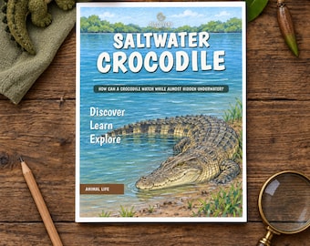 Puede incluir: Un libro titulado Saltwater Crocodile con una ilustración de un cocodrilo en el agua. La portada presenta el texto Discovery, Saltwater Crocodile, How can a crocodile watch while almost hidden underwater?, Discover Learn Explore y Animal Life.