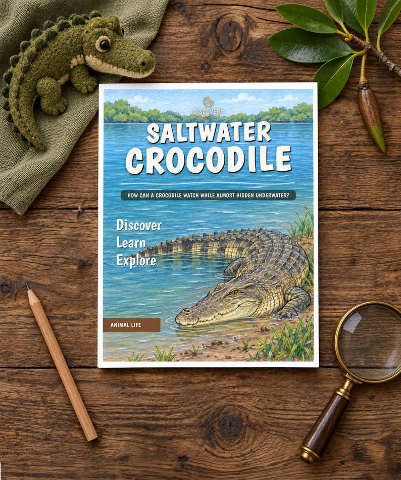 May include: A book titled Saltwater Crocodile with an illustration of a crocodile in water. The cover features the text Discovery, Saltwater Crocodile, How can a crocodile watch while almost hidden underwater?, Discover Learn Explore, and Animal Life.