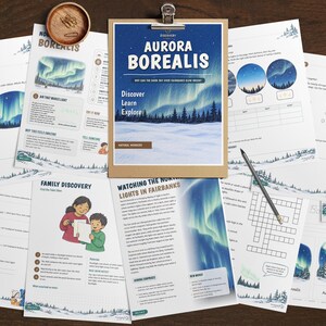 May include: A collection of educational activity sheets about the Aurora Borealis, featuring illustrations of northern lights over snowy landscapes, text headers like "Activities by Level" and "Family Discovery," a pencil, and a clipboard.