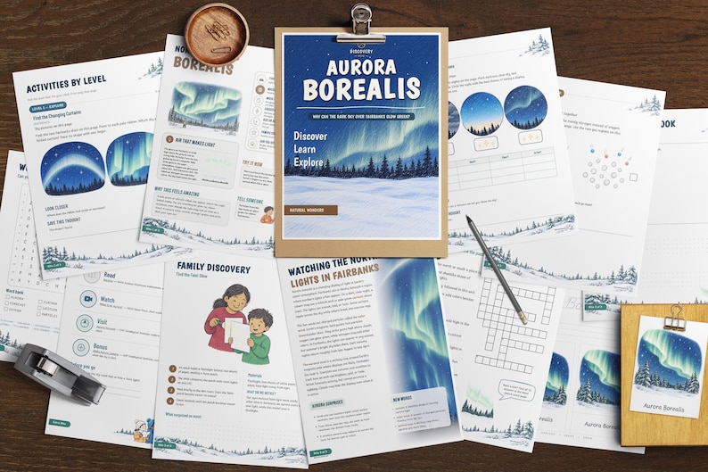 May include: A collection of educational activity sheets about the Aurora Borealis, featuring illustrations of northern lights over snowy landscapes, text headers like "Activities by Level" and "Family Discovery," a pencil, and a clipboard.
