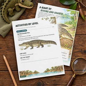 May include: Two educational activity sheets featuring illustrations of crocodiles and text titled Activities by Level and A Giant of Rivers and Coasts. The sheets are accompanied by a wooden pencil, a magnifying glass, and a crocheted crocodile toy.