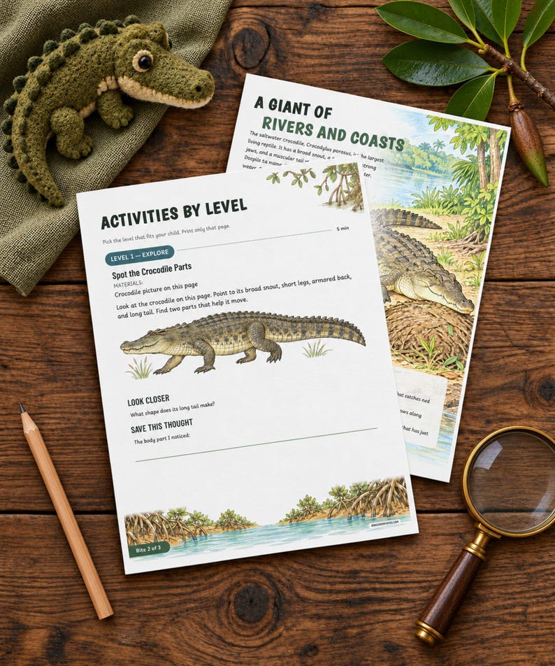 May include: Two educational activity sheets featuring illustrations of crocodiles and text titled Activities by Level and A Giant of Rivers and Coasts. The sheets are accompanied by a wooden pencil, a magnifying glass, and a crocheted crocodile toy.