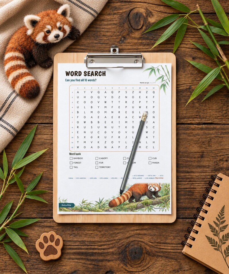 Puede incluir: Una hoja de sopa de letras en un portapapeles de madera con tem&aacute;tica de panda rojo. La p&aacute;gina incluye una cuadr&iacute;cula de letras, un banco de palabras y una ilustraci&oacute;n de un panda rojo. Un l&aacute;piz gris descansa sobre el papel con hojas de bamb&uacute;.