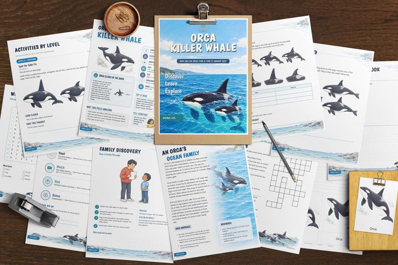 May include: A collection of educational worksheets about orcas, featuring text titled Orca Killer Whale, Discover, Learn, Explore, and An Orca's Ocean Family. The pages include illustrations of orcas, word puzzles, and activity prompts.