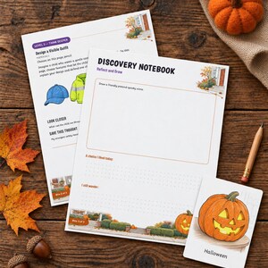 May include: Two white paper activity sheets titled Discovery Notebook and Level 3 Think Deeper, featuring illustrations of a house, a blue cap, and a yellow jacket. A small card shows a carved jack-o'-lantern with the text Halloween below it.
