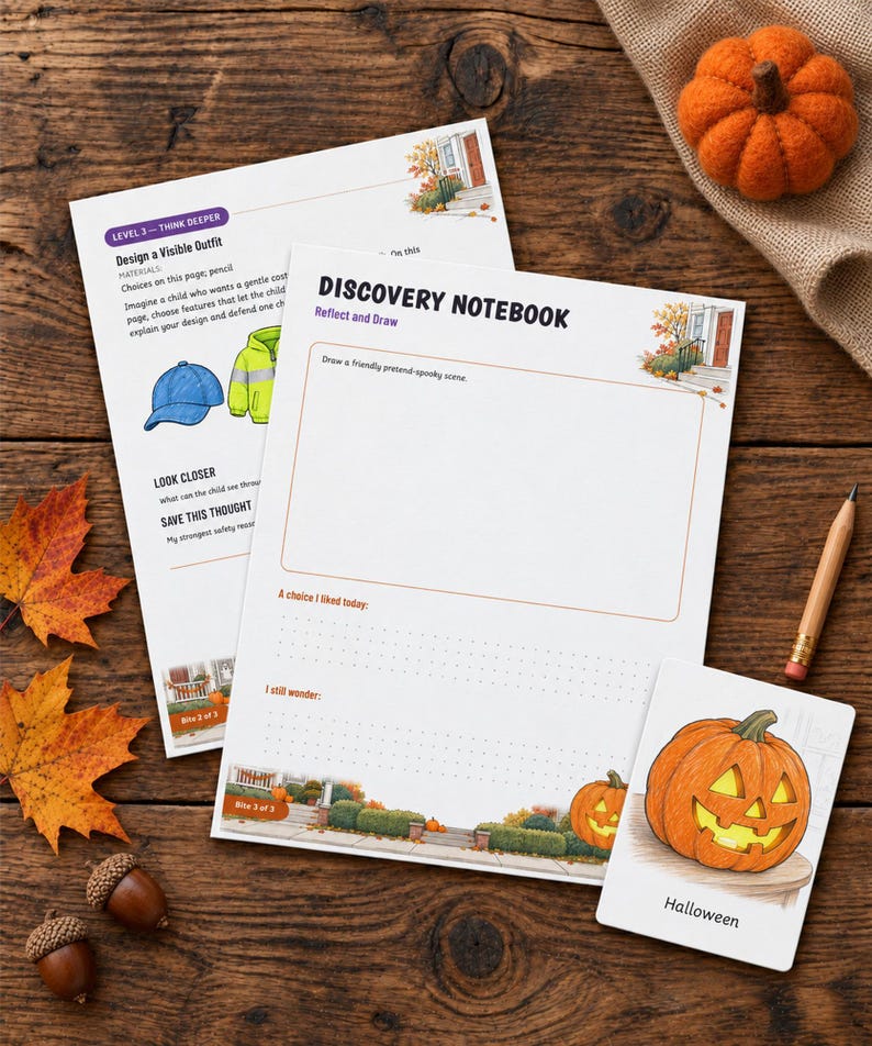 May include: Two white paper activity sheets titled Discovery Notebook and Level 3 Think Deeper, featuring illustrations of a house, a blue cap, and a yellow jacket. A small card shows a carved jack-o'-lantern with the text Halloween below it.