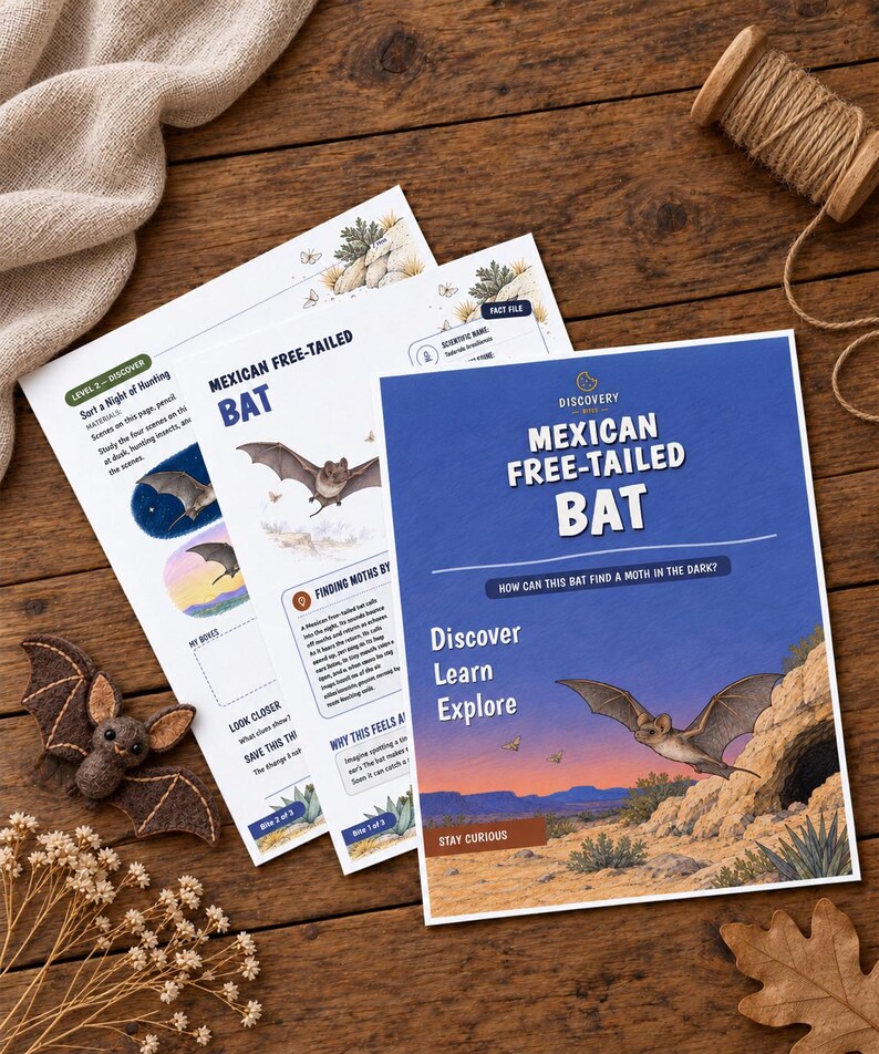 May include: Educational activity sheets about the Mexican free-tailed bat featuring illustrations of bats in flight, text headers, and a small felt bat ornament. The sheets include sections titled Discover, Learn, Explore, and Sort a Night of Hunting.