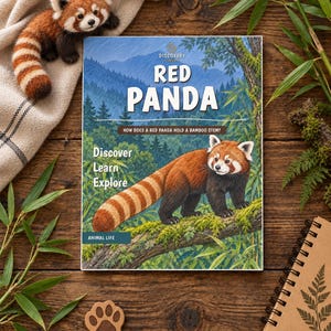 Puede incluir: Un libro Discovery Kids titulado Red Panda con una ilustraci&oacute;n de un panda rojo en la portada, acompa&ntilde;ado de una peque&ntilde;a figura de fieltro, una huella de madera y un cuaderno de espiral sobre una superficie de madera r&uacute;stica.