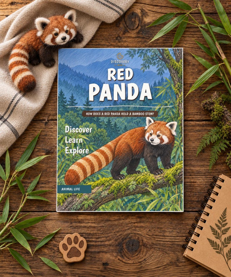 Puede incluir: Un libro Discovery Kids titulado Red Panda con una ilustraci&oacute;n de un panda rojo en la portada, acompa&ntilde;ado de una peque&ntilde;a figura de fieltro, una huella de madera y un cuaderno de espiral sobre una superficie de madera r&uacute;stica.