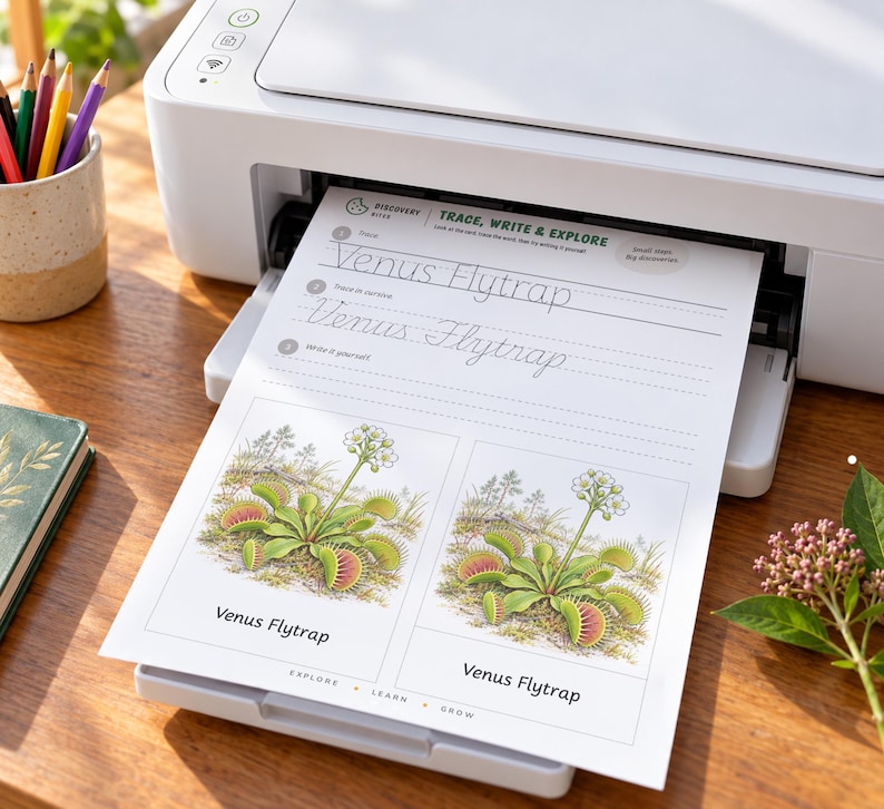 May include: A white printer outputting a worksheet titled Trace, Write & Explore featuring the text Venus Flytrap in cursive and print, alongside two detailed botanical illustrations of Venus flytrap plants with green leaves and white flowers.
