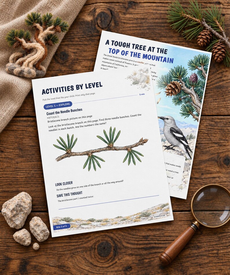 May include: Two educational activity sheets featuring illustrations of a bristlecone pine branch, a bird, and text titled Activities by Level and A Tough Tree at the Top of the Mountain, accompanied by a magnifying glass and small rocks.