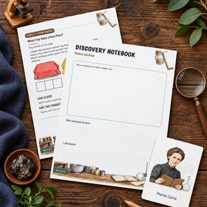 May include: A Discovery Notebook activity sheet with a Marie Curie card, a magnifying glass, a wooden microscope, a small bowl with a dark rock, and a pencil. The notebook features sections for drawing a mystery rock and recording reflections.