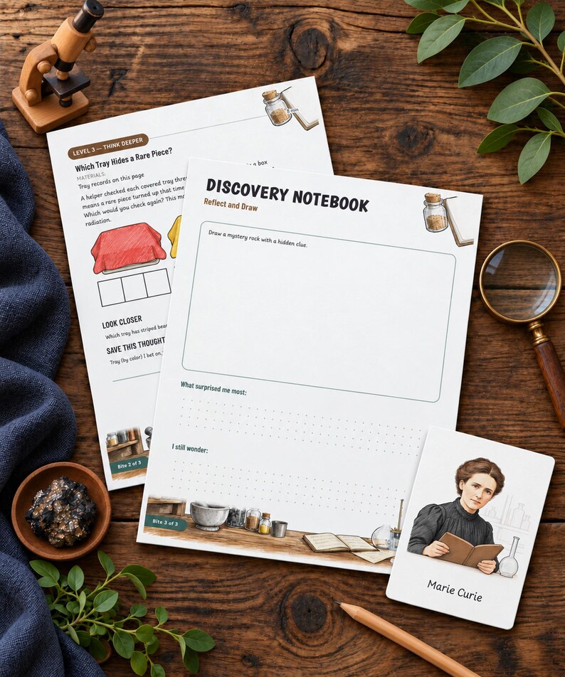 May include: A Discovery Notebook activity sheet with a Marie Curie card, a magnifying glass, a wooden microscope, a small bowl with a dark rock, and a pencil. The notebook features sections for drawing a mystery rock and recording reflections.
