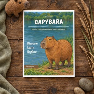 May include: A rectangular book titled CAPYBARA with an illustration of a capybara by a river. The cover text reads Discovery Kids, How can a capybara watch while almost underwater?, Discover Learn Explore, and Stay Curious.