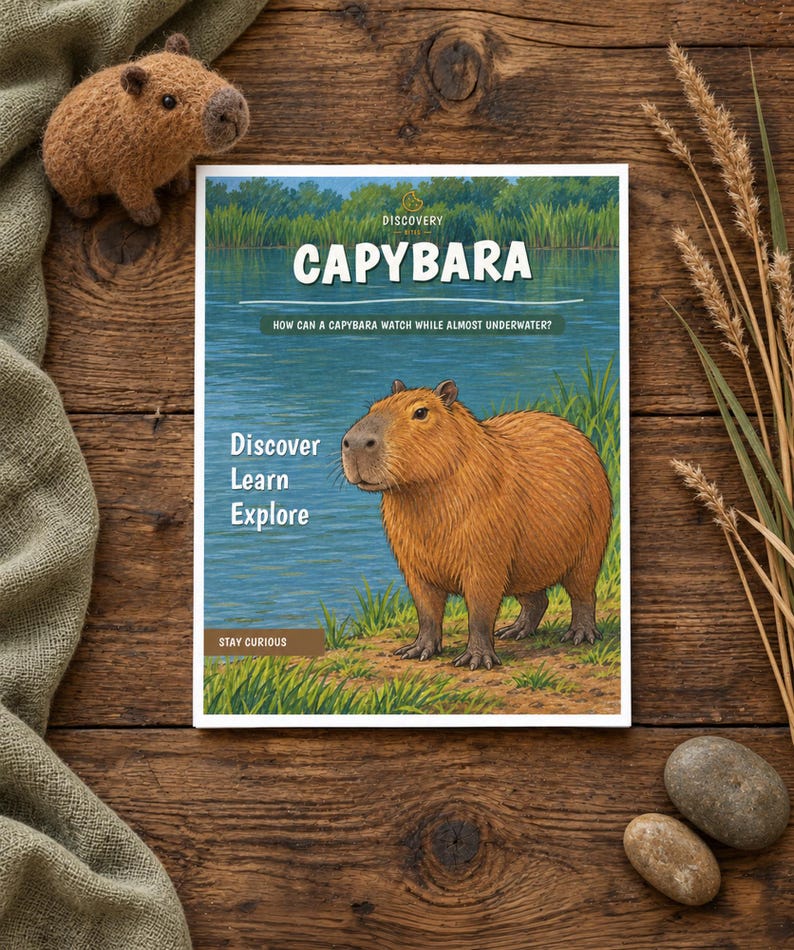 May include: A rectangular book titled CAPYBARA with an illustration of a capybara by a river. The cover text reads Discovery Kids, How can a capybara watch while almost underwater?, Discover Learn Explore, and Stay Curious.