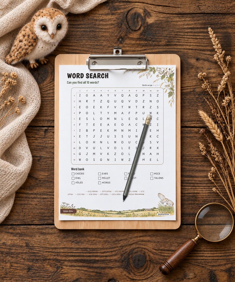 Puede incluir: Una hoja de sopa de letras en un portapapeles de madera con un l&aacute;piz sobre la cuadr&iacute;cula. La hoja presenta el t&iacute;tulo WORD SEARCH, una cuadr&iacute;cula de 12 por 12 letras, un banco de palabras con 10 elementos y una ilustraci&oacute;n de paisaje.