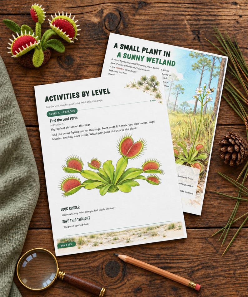 May include: Two educational activity sheets about Venus flytraps featuring illustrations of the plant, text titled Activities by Level and A Small Plant in a Sunny Wetland, a felt Venus flytrap toy, a magnifying glass, and a pencil.