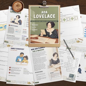 May include: A collection of educational activity sheets featuring Ada Lovelace, including a central clipboard with a portrait of Ada Lovelace, text reading Discover Learn Explore, and various worksheets with math problems, word searches, and historical information.