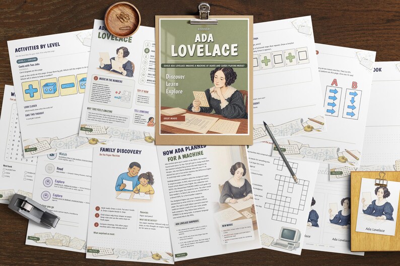 May include: A collection of educational activity sheets featuring Ada Lovelace, including a central clipboard with a portrait of Ada Lovelace, text reading Discover Learn Explore, and various worksheets with math problems, word searches, and historical information.