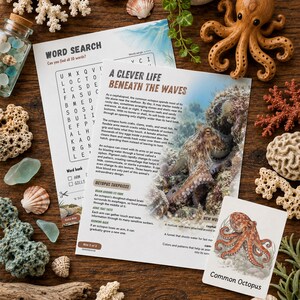 May include: Educational activity sheets titled A Clever Life Beneath the Waves and Word Search featuring octopus facts and a grid, accompanied by a wooden octopus figurine, sea glass, coral pieces, and a Common Octopus illustrated card.