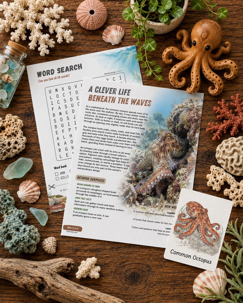 May include: Educational activity sheets titled A Clever Life Beneath the Waves and Word Search featuring octopus facts and a grid, accompanied by a wooden octopus figurine, sea glass, coral pieces, and a Common Octopus illustrated card.