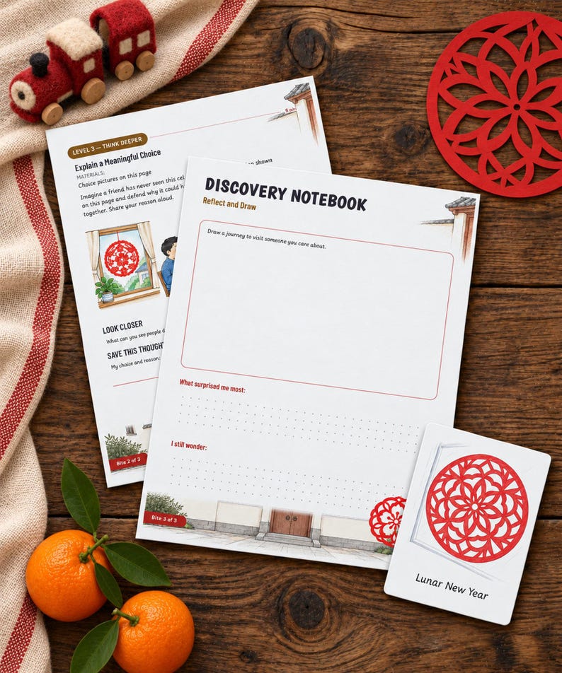 May include: Two white paper sheets titled Discovery Notebook with prompts for drawing and reflection, alongside a small card labeled Lunar New Year featuring a red circular paper-cut design, a red felt train toy, and two fresh oranges with green leaves.