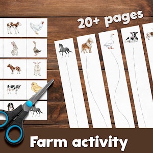 May include: Farm activity set featuring illustrated farm animals like a goat, cow, and chicken. The set includes cutting practice strips with dotted lines and scissors. The text "20+ pages" and "Farm activity" are visible.