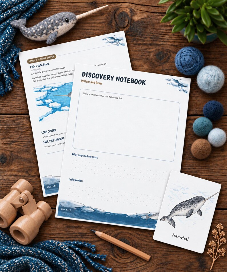 Puede incluir: Una hoja de actividades Discovery Notebook con una ilustraci&oacute;n de narval, una tarjeta a juego, una figura de fieltro, binoculares de madera y un l&aacute;piz. El cuaderno incluye secciones para dibujar y escribir sobre la fauna &aacute;rtica.