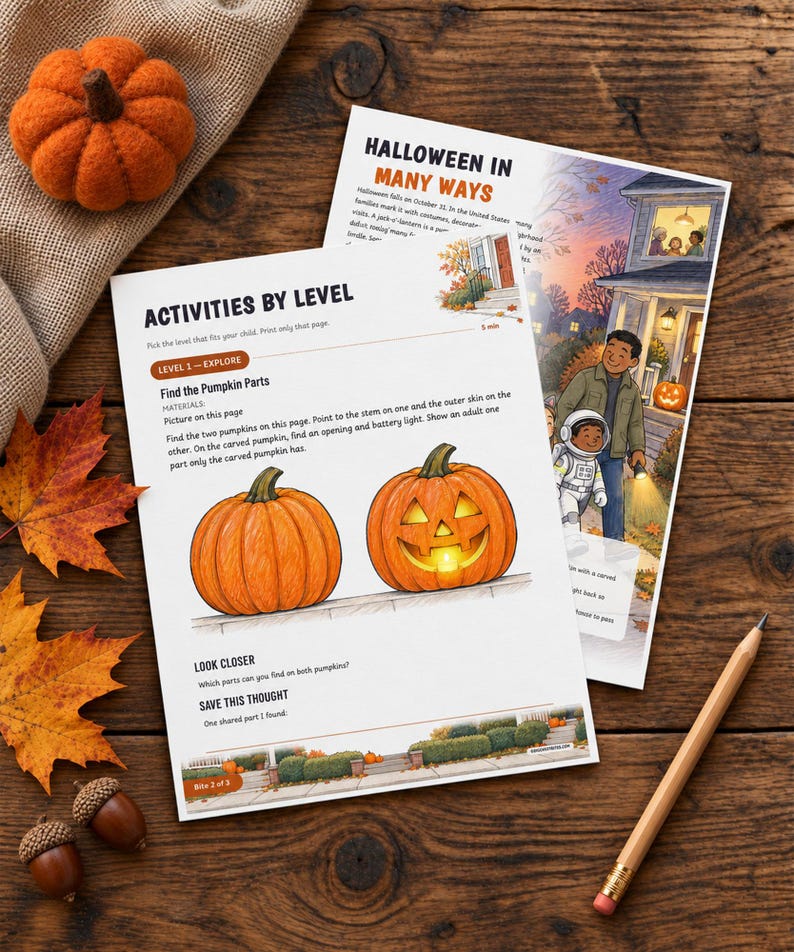 May include: Two printed activity sheets titled Halloween in Many Ways and Activities by Level, featuring illustrations of pumpkins, a child in an astronaut costume, and a house. The sheets are placed on a wooden surface with a felt pumpkin.