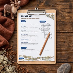 May include: A wooden clipboard holds an educational answer key sheet with text and a crossword puzzle. A wooden pencil rests on the paper. The sheet features sections titled Answer Key, Activities, Crossword, and Word Search with printed text.