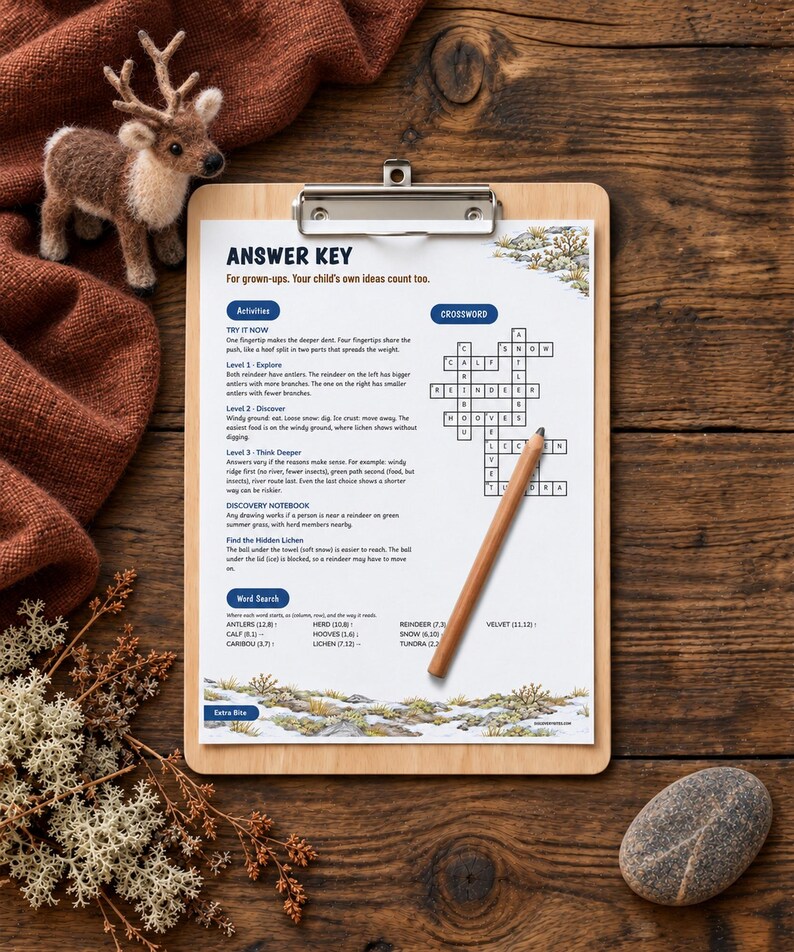 May include: A wooden clipboard holds an educational answer key sheet with text and a crossword puzzle. A wooden pencil rests on the paper. The sheet features sections titled Answer Key, Activities, Crossword, and Word Search with printed text.