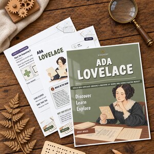 May include: Educational activity sheets about Ada Lovelace featuring illustrations of the historical figure, text, and diagrams. The set includes a cover page with the title Ada Lovelace, Discover Learn Explore, and various worksheets with tasks.