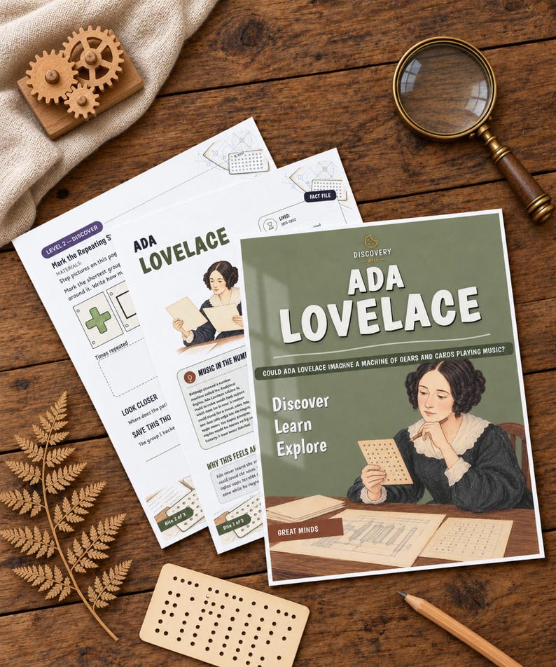 May include: Educational activity sheets about Ada Lovelace featuring illustrations of the historical figure, text, and diagrams. The set includes a cover page with the title Ada Lovelace, Discover Learn Explore, and various worksheets with tasks.